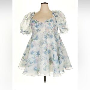 Selkie White Floral Puff Sleeve Mini Dress